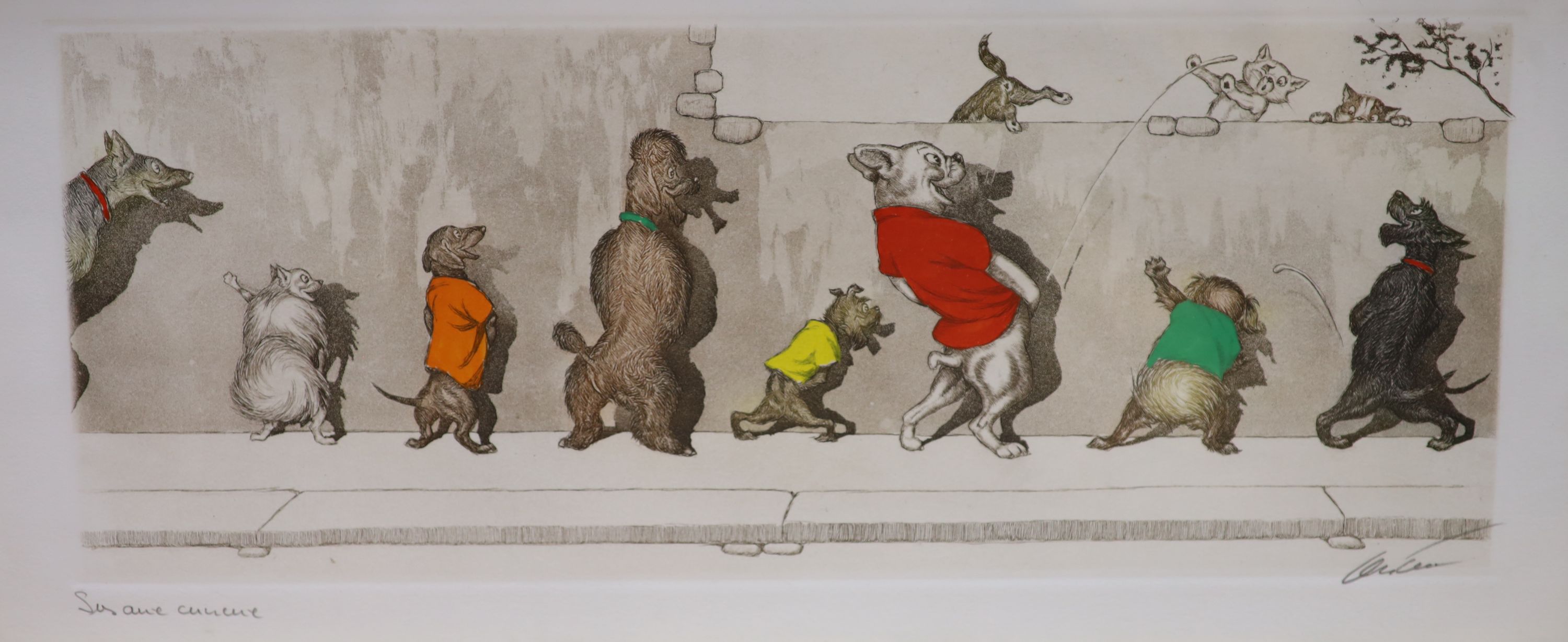 Boris O’Klein (1893-1985), pair of coloured aquatints, Le Mal Entendu and companion print, signed in pencil, 20 x 49cm